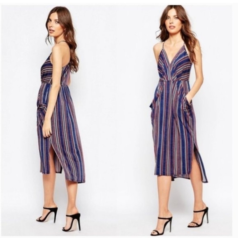 BCBGeneration Drape Front Slouch Sleeveless Midi Dress in Blue Stripe, Small